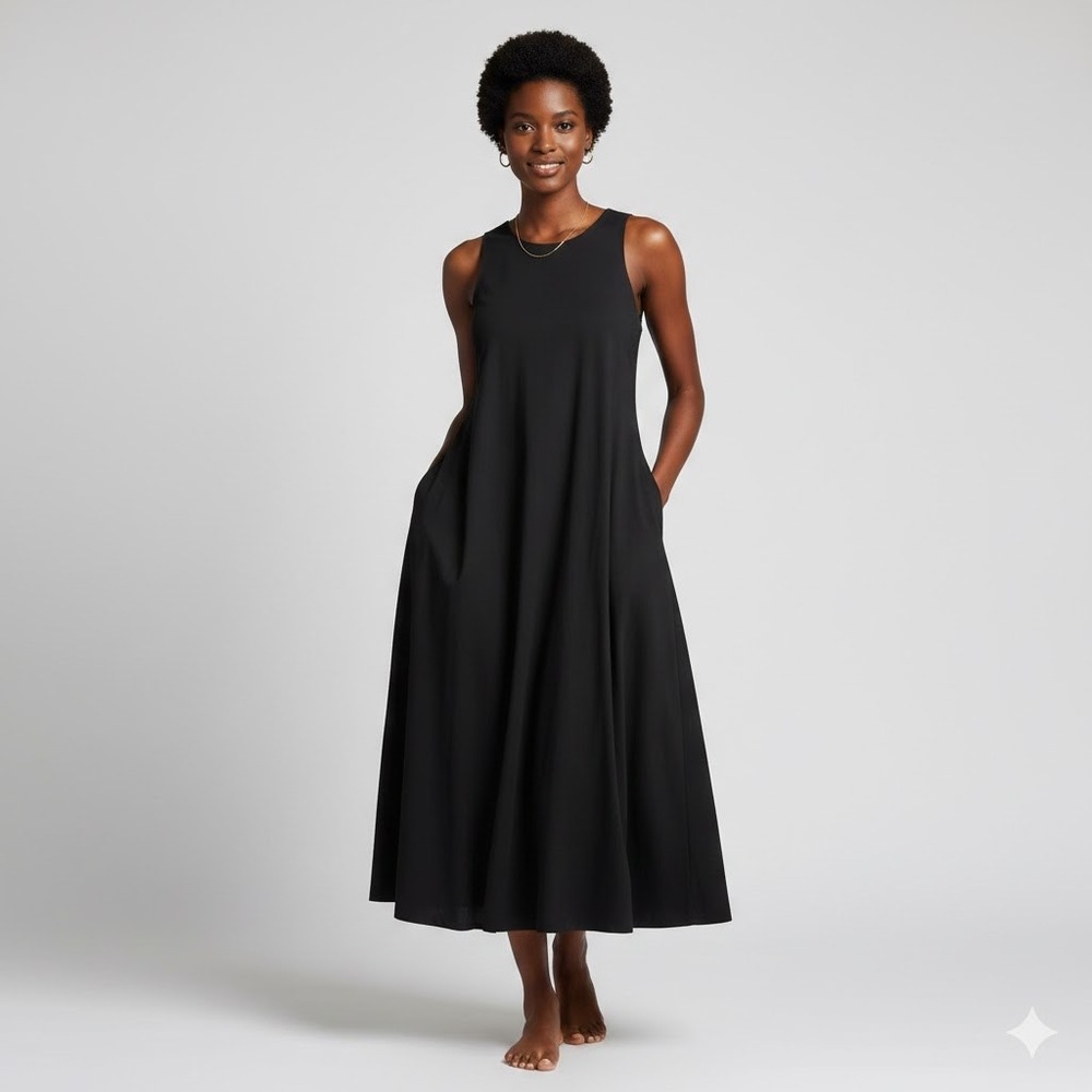 James Perse Black Sueded Sleeveless Maxi Dress High Neck Pockets Sz 1